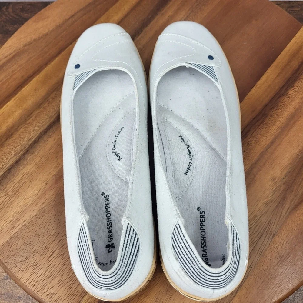 Grasshoppers Wedge Sandals Womens 8.5 White Cork Canvas Slip On Comfort Shoes‎